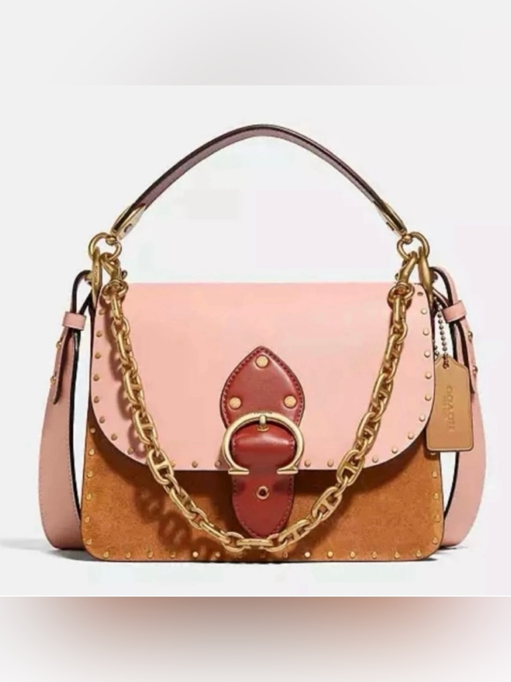 Coach Beat Colorblock Leather & Suede Chain Top-Handle Shoulder Bag with Rivets